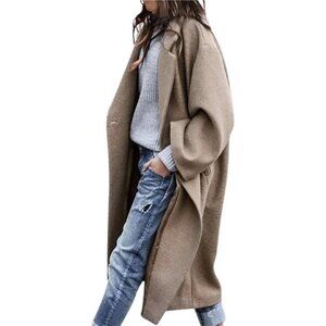 Women's Oversized Notched Collar Wool Blend Single Breast Midi Long Trench Coat